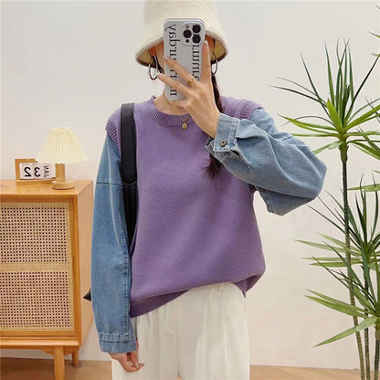Loose Fit Fake Two-Piece Sweater Women's 3D Pattern Sweaters