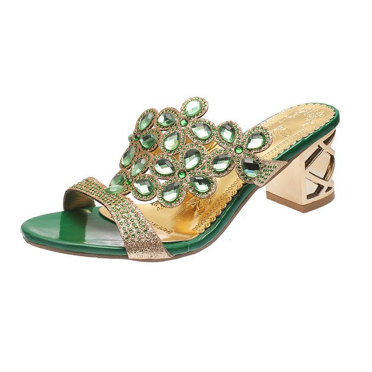 Elegant Rhinestones Leaf Design High Heel Buckle Strap Slippers