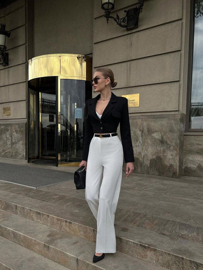 Women Tweed Cropped Black Blazer Coat Short Set