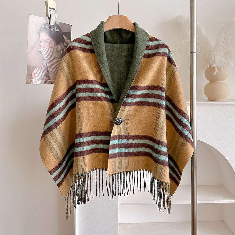 Double-Sided Wool Cloak – Tassel Shawl with Color Grid for Winter