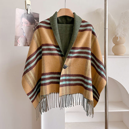 Double-Sided Wool Cloak – Tassel Shawl with Color Grid for Winter