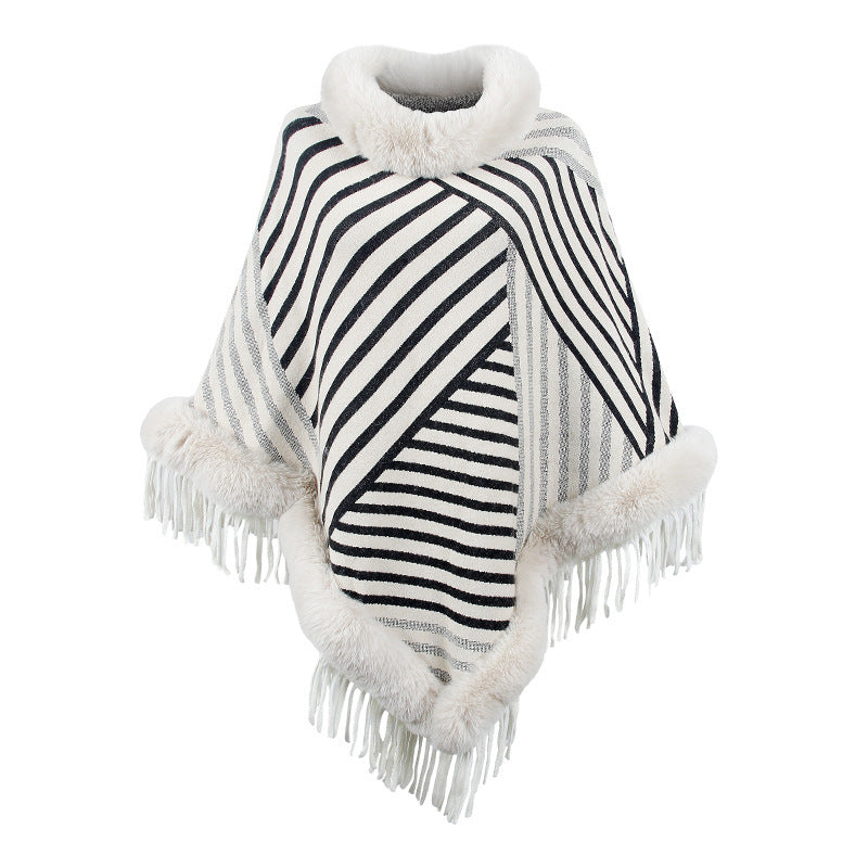 Drizzling Fur Collar Knitted Cape – Cozy Elegance in Every Stripe