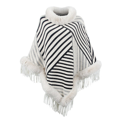 Drizzling Fur Collar Knitted Cape – Cozy Elegance in Every Stripe
