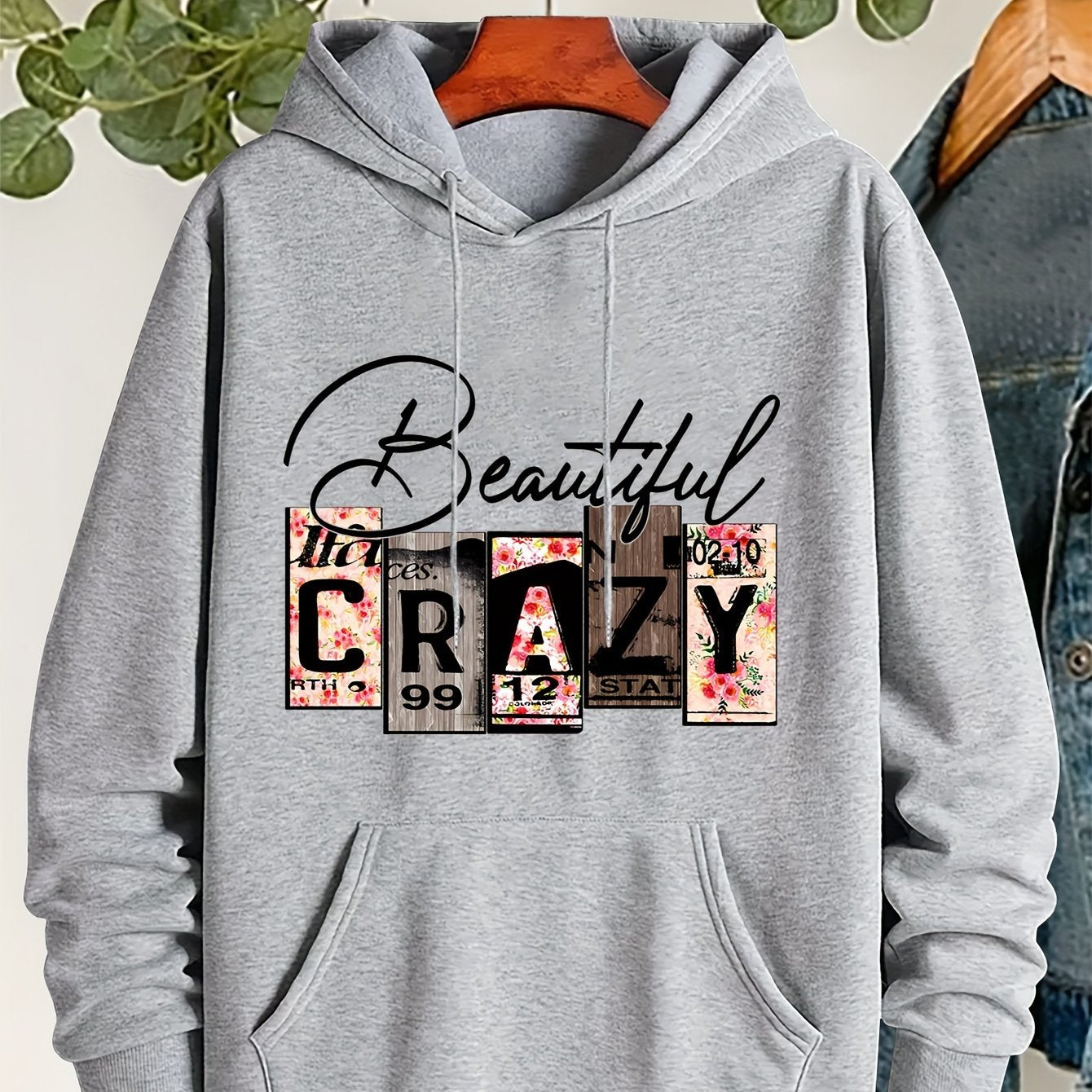 Plus Size CRAZY Print Hoodie – Women’s Casual Pullover Sweatshirt with Kangaroo Pocket for Fall/Winter