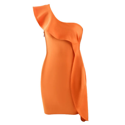 New Women Orange Ruffle Bandage One Shoulder Evening Party Dress