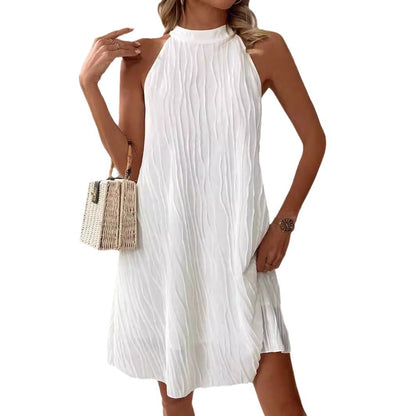 White Halter Backless Dress | Mid-Length Summer Dress & Elegant Vacation Outfit