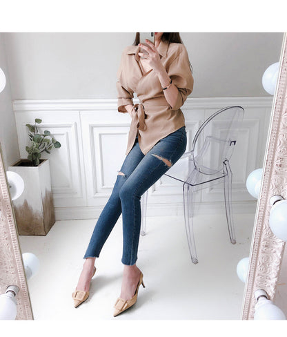 Four Buttons Down Closure Women Skinny Pencil Jeans