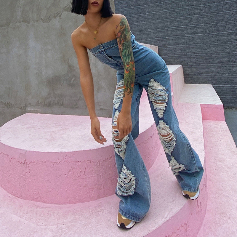 Full Ripped Style Hollow Out Strapless Backless Jean Jumpsuit