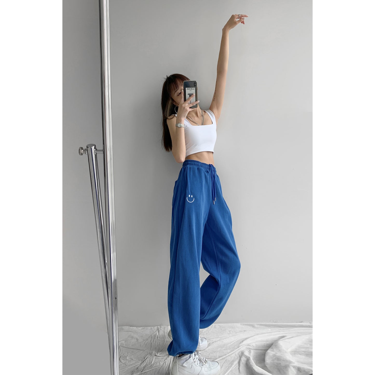 High-Waisted Cotton Streetwear Pants – Smiley Face Embroidered Casual Trousers