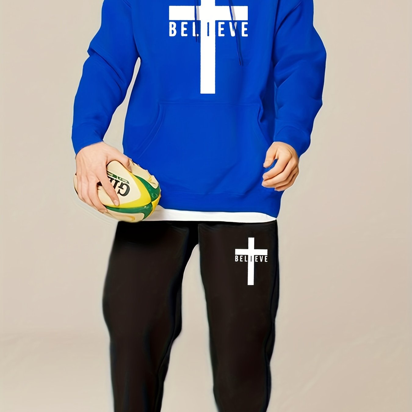 Men’s BELIEVE Cross Print Hoodie & Sweatpants Set – Casual 2-Piece Tracksuit for Fall/Winter Streetwear