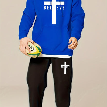 Men’s BELIEVE Cross Print Hoodie & Sweatpants Set – Casual 2-Piece Tracksuit for Fall/Winter Streetwear