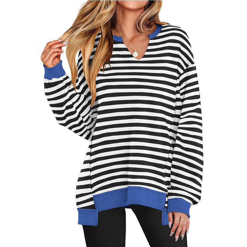 Colorful Striped V-Neck Loose Sweatshirt – Bold Comfort with Street Fashion Vibes