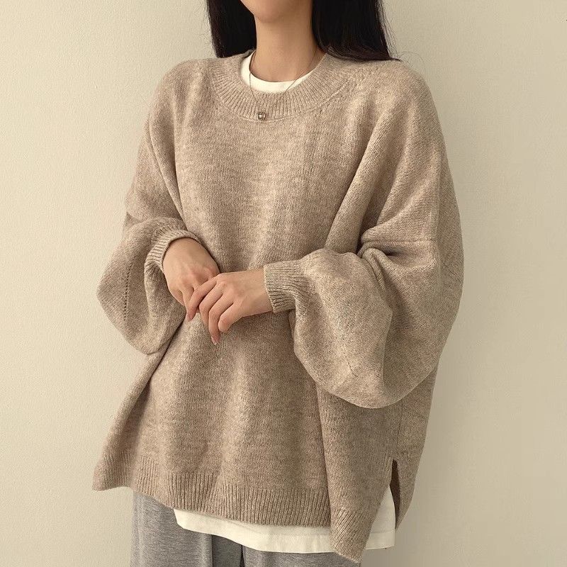Elegant Lantern Sleeve Crew Neck Loose Pullover Sweater