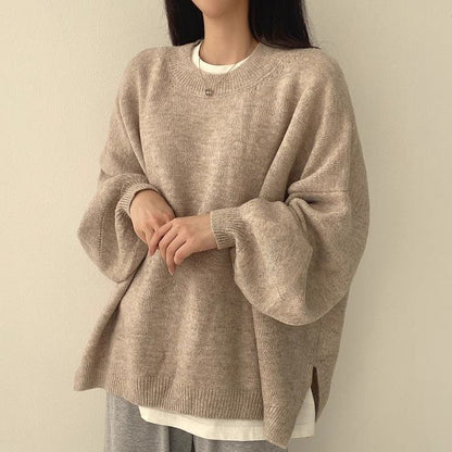 Elegant Lantern Sleeve Crew Neck Loose Pullover Sweater
