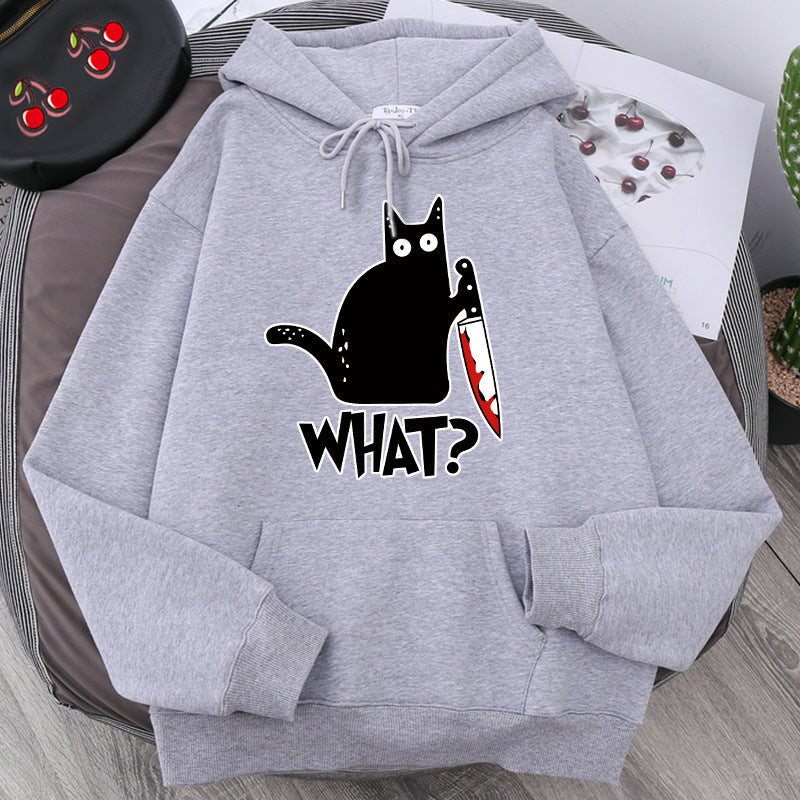Cozy Style for Teens Killer Black Cat Patterned Wool-Lined Hoodies