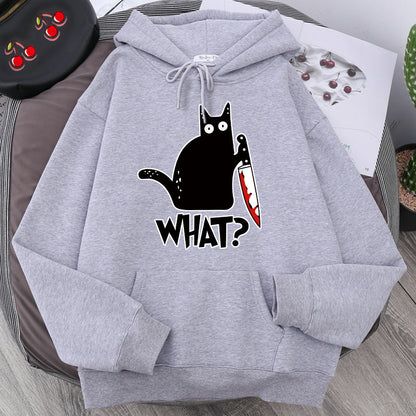 Cozy Style for Teens Killer Black Cat Patterned Wool-Lined Hoodies