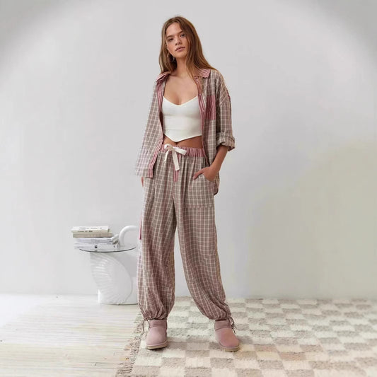Plaid Shirt & Matching Trousers Two-Piece Outfit Set | Cozy Style 2025 Aesthetic