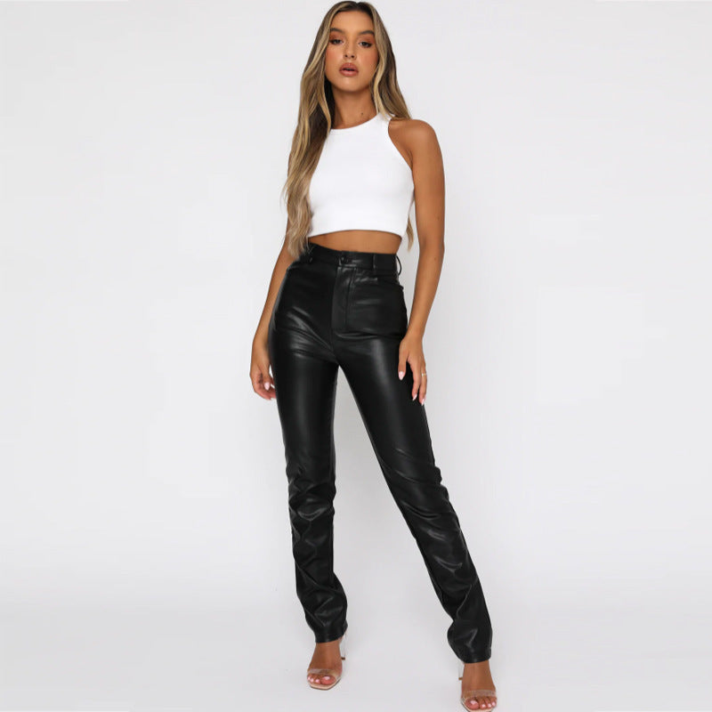 Womens Elastic Waist Straight Faux Leather Trousers Pants