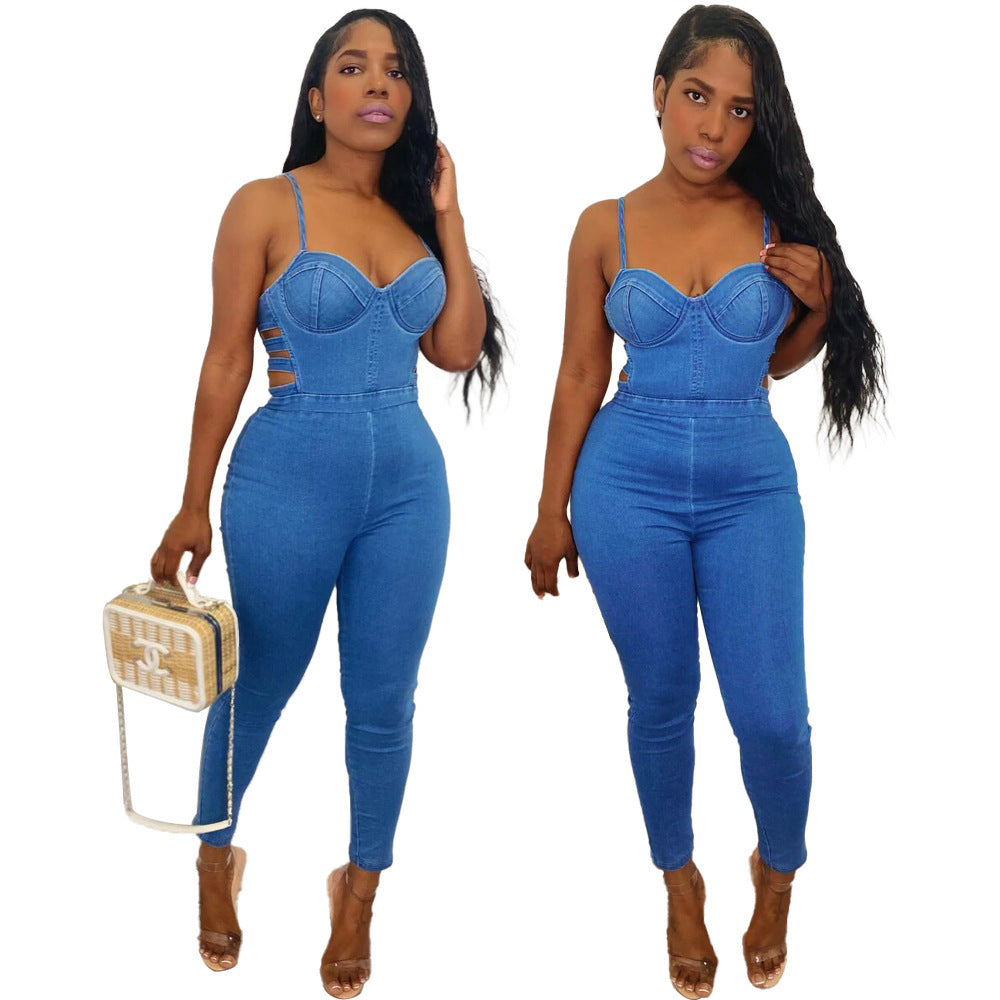 Women New Blue Denim Jumpsuit Rompers