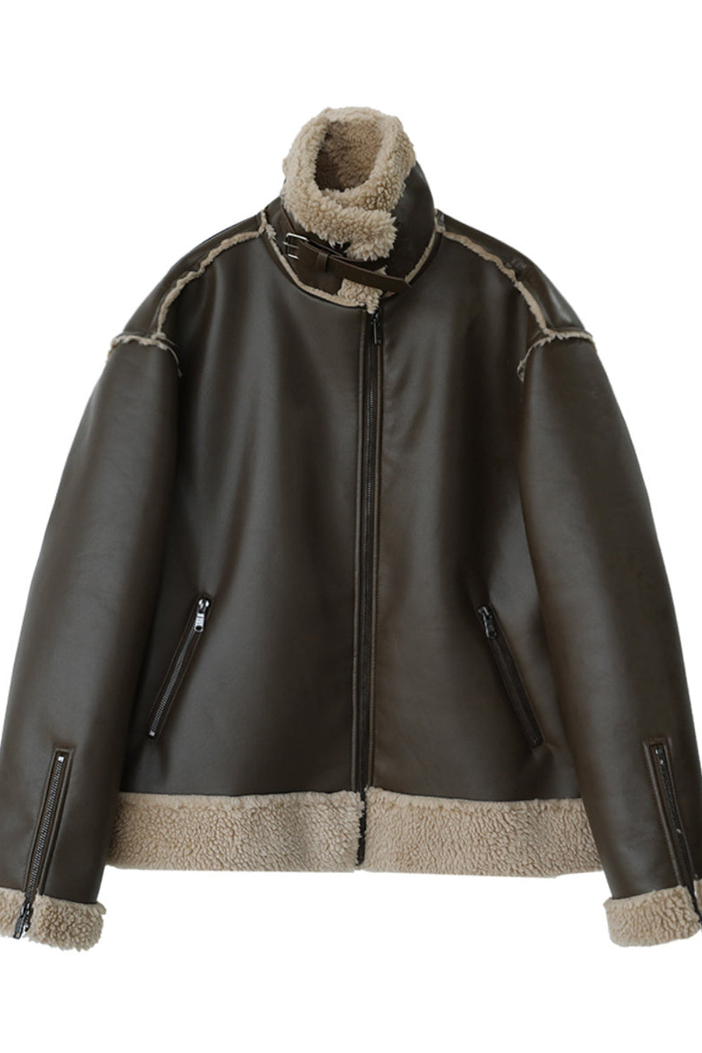 Brown leather jacket with beige fur trim on a white background