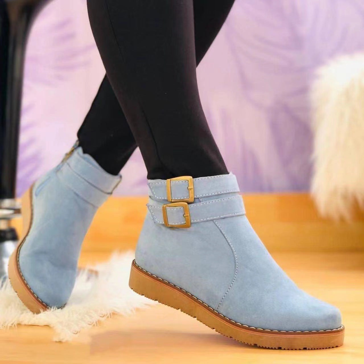 Double Buckle Suede Leather Women Snow Boots