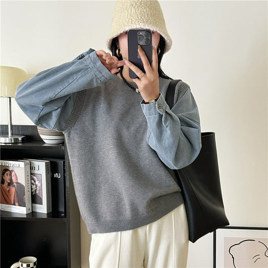 Loose Fit Fake Two-Piece Sweater Women's 3D Pattern Sweaters