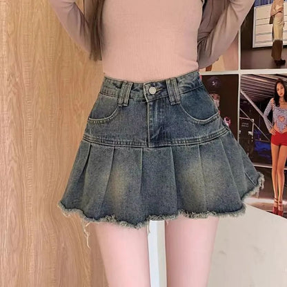 Retro Pleated Denim Skirt for Women