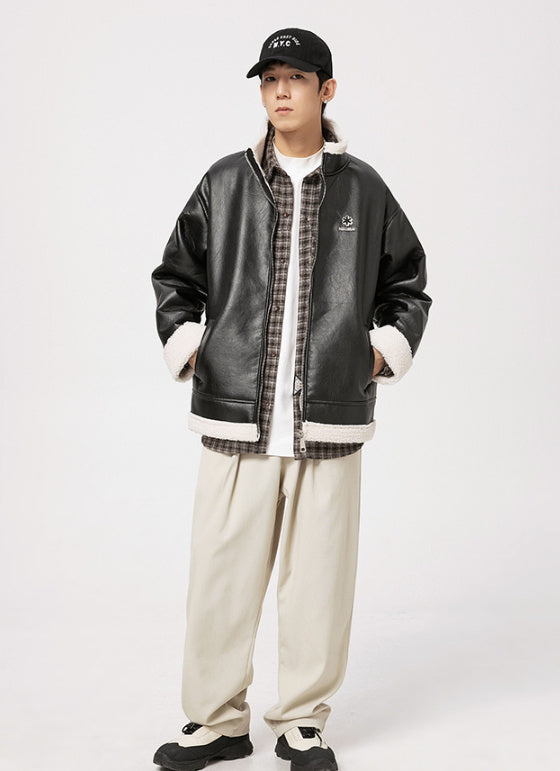 Lambswool-Lined PU Leather Bomber Jackets – Women Winter Street Style Outfits