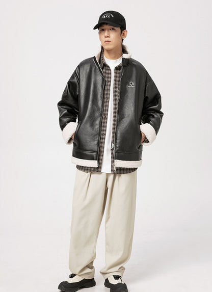 Lambswool-Lined PU Leather Bomber Jackets – Women Winter Street Style Outfits