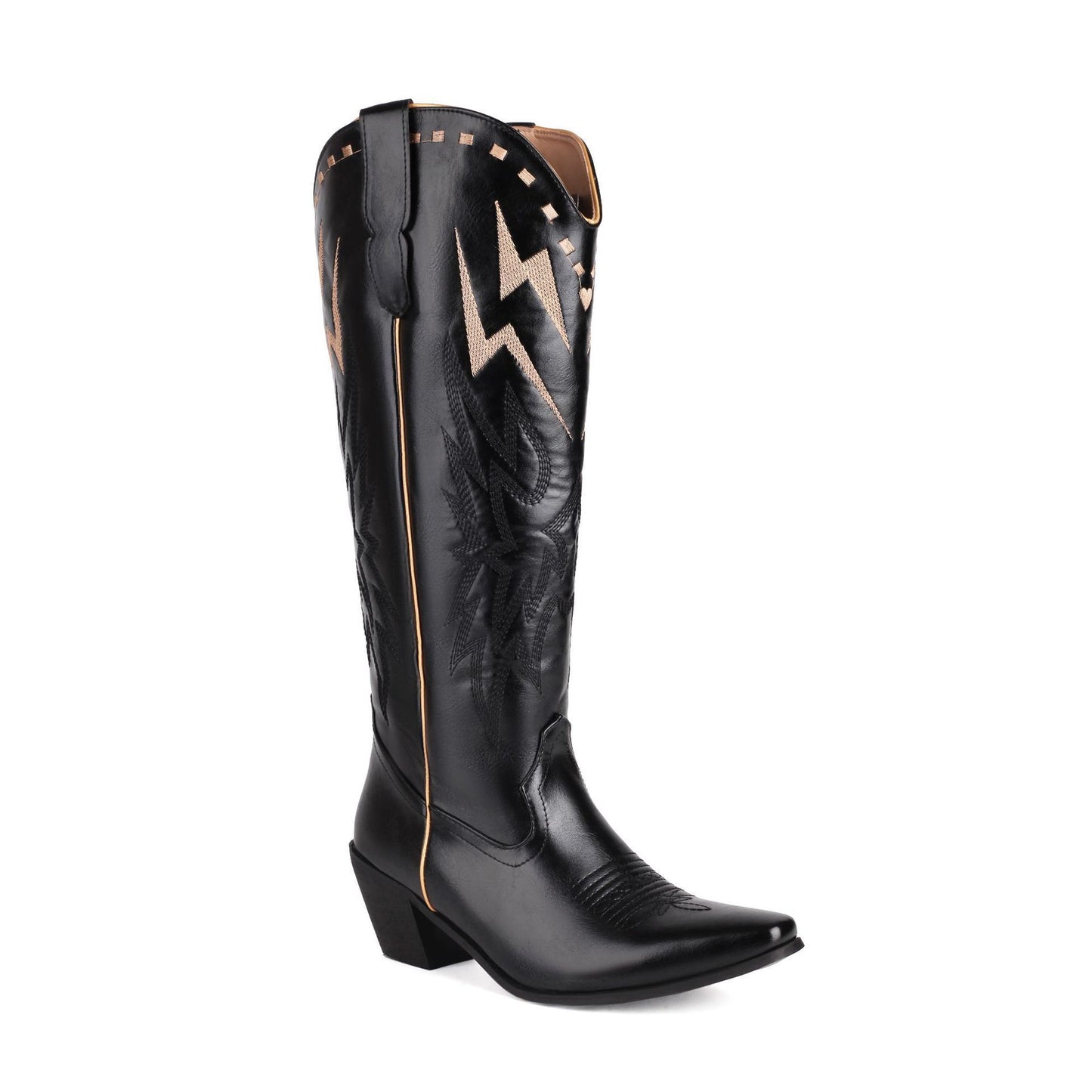 Lightning Embroidery Knee-High Boots for Women | Chunky Heel PU Leather Statement Boots