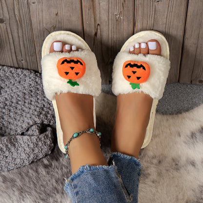 Halloween Pumpkin Plush Slippers – Cozy Open Toe House Shoes