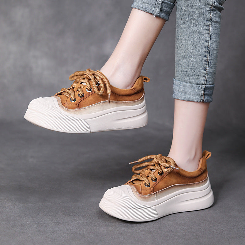 Chunky Bottom Cow Leather Lace Up Slip On Women Shoes