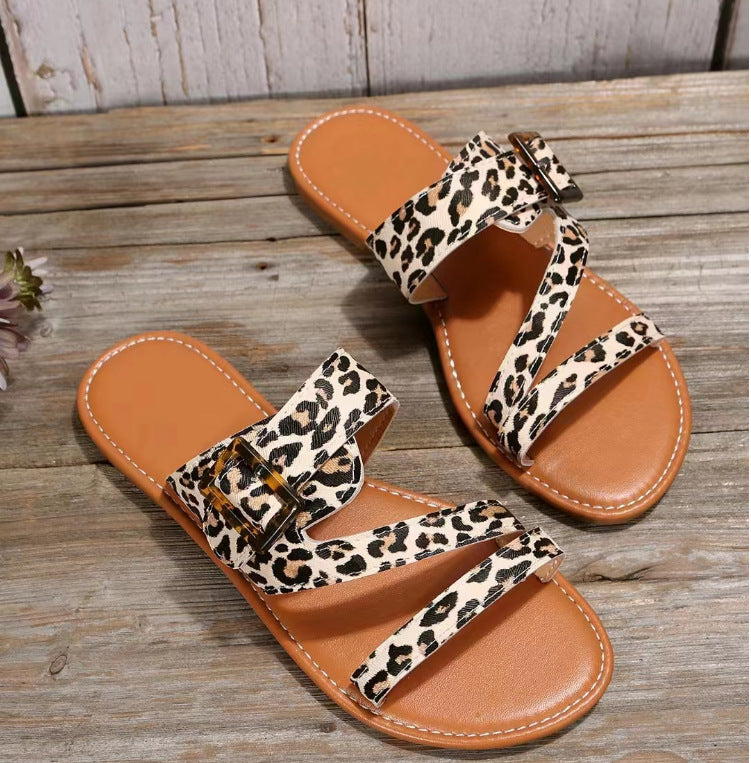 New Open Toe Leopard Print Flat Slippers For Women