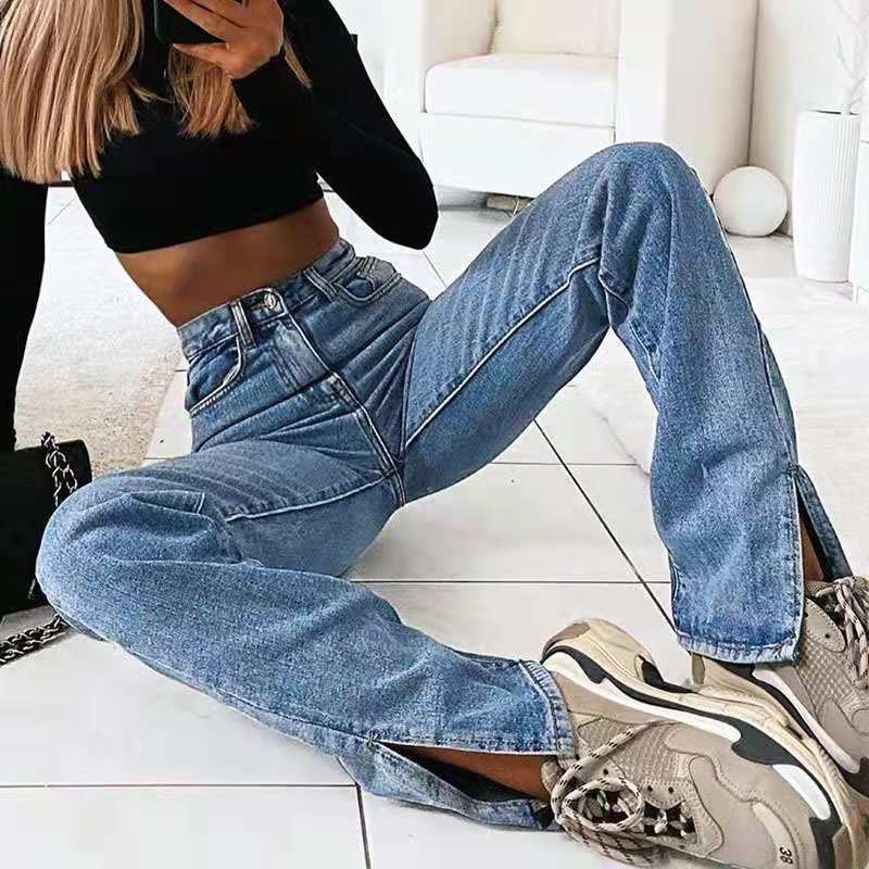 Retro Washed High-Waisted Split Denim Jeans – Straight-Leg Casual & Chic Pants