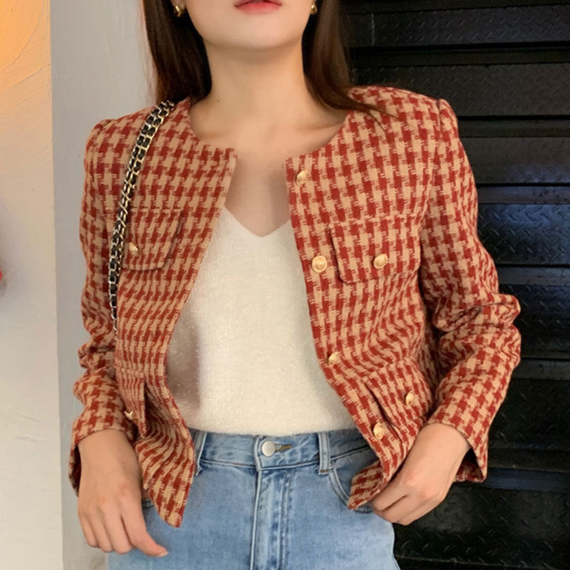 Plaid Tweed Short Jacket for Women – Elegant Versatile Coats & Jackets in Black Red 2025