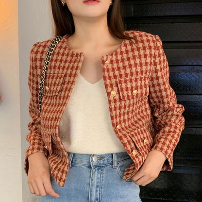 Plaid Tweed Short Jacket for Women – Elegant Versatile Coats & Jackets in Black Red 2025