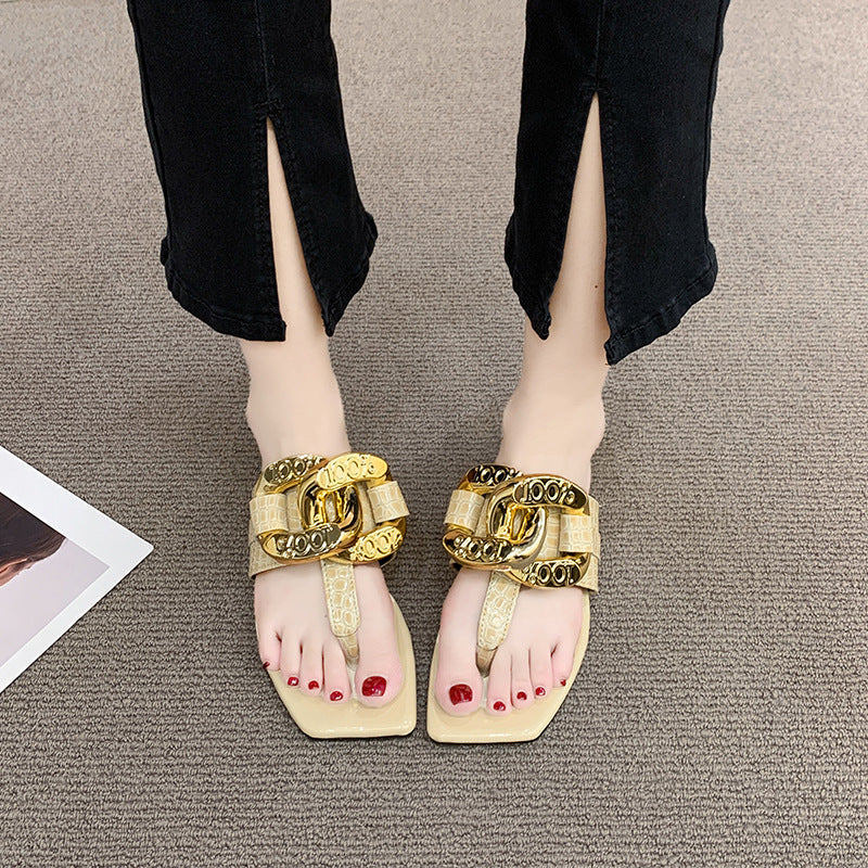 Metal Decoration Pointed Low Heel Women Slingback Slippers