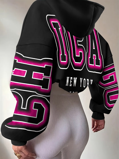 Black hoodie with pink and white text on a plain background