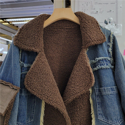 Wool Inside Fur Plush Neck Crop Women Denim Jackets