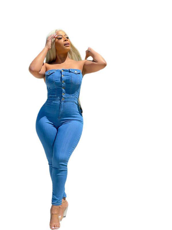 Off Shoulder Denim Jumpsuit Sleeveless Backless Summer Fashion With Belt