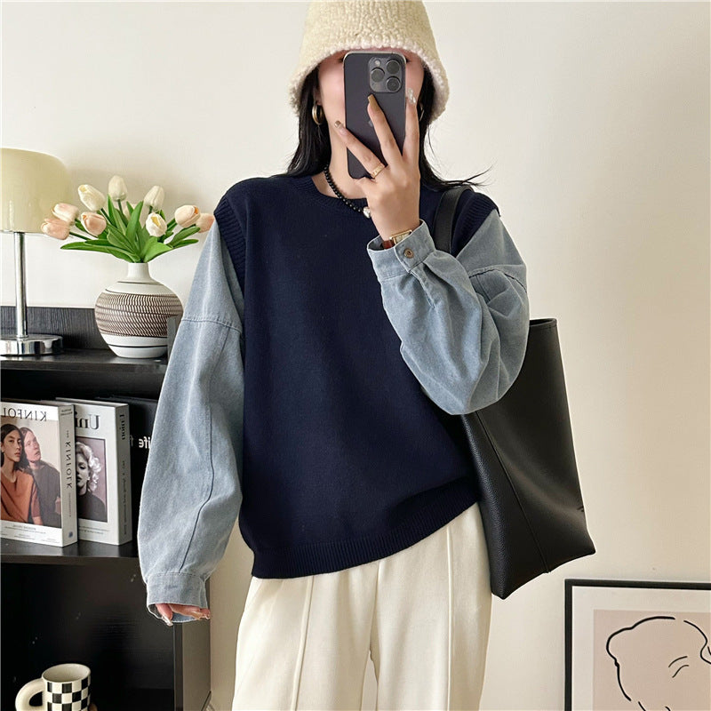 Loose Fit Fake Two-Piece Sweater Women's 3D Pattern Sweaters