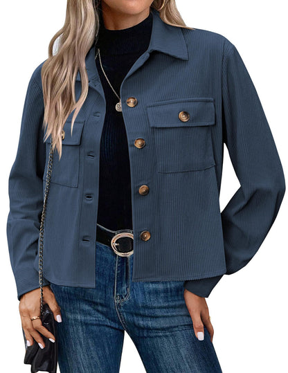 Women’s Corduroy Button Cropped Jacket – Long Sleeve Polyester Coats & Jackets 2025