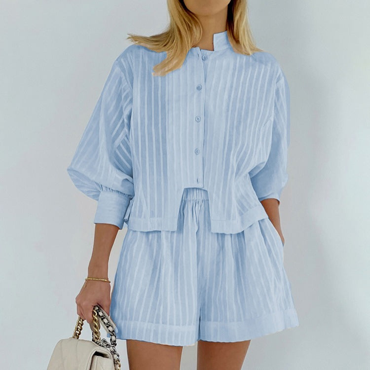 Spring Summer Plaid Lace Up Shirt Short Outfits Set