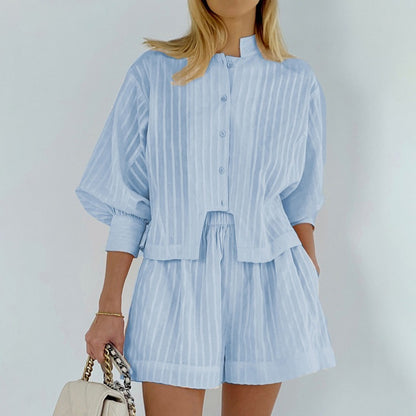 Spring Summer Plaid Lace Up Shirt Short Outfits Set