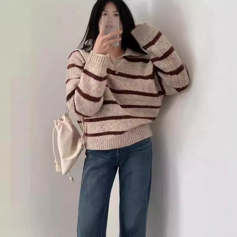 Fall & Winter Lapels Contrast Color Striped Pullover Sweater for Women