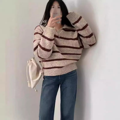Fall & Winter Lapels Contrast Color Striped Pullover Sweater for Women