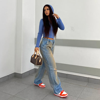 Loose Straight Fashion Street Denim Trousers – High-Waist Casual Jeans