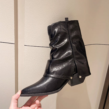 Womens Mid Calf Winter Boots New Leather Comfortable Mid Heel Motorcycle Boots Non Slip Fashion Boots