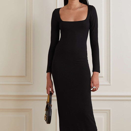 Elegant Long Sleeve Ribbed Mock Neck Solid Dress