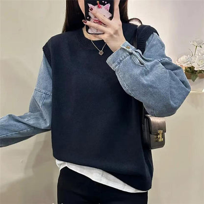 Loose Fit Fake Two-Piece Sweater Women's 3D Pattern Sweaters